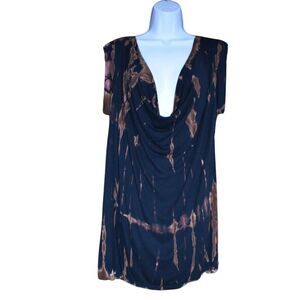 Womens Short Sleeve Slouchy Low Cut T-Shirt Dress Black Brown Tie Dye Sz Medium